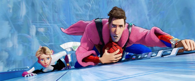 Gwen Stacy (Hailee Steinfeld), Peter B. Parker (Jake Johnson) and his daughter, Mayday, find themselves a part of a dangerous chase in "Spider-Man: Across the Spider-Verse." (Courtesy of Sony Pictures Animation)