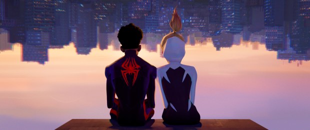 Heroes Miles Morales (Shameik Moore) and Gwen Stacy (Hailee Steinfeld) share a moment in "Spider-Man: Across the Spider-Verse." (Courtesy of Sony Pictures Animation)